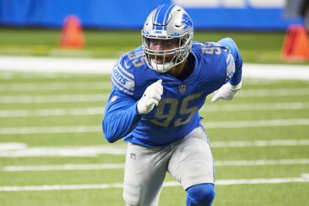 Detroit Lions defensive end Romeo Okwara (95) in action against the Minnesota Vikings during an NFL football game, Saturday, Jan. 3, 2021, in Detroit. (AP Photo/Rick Osentoski)