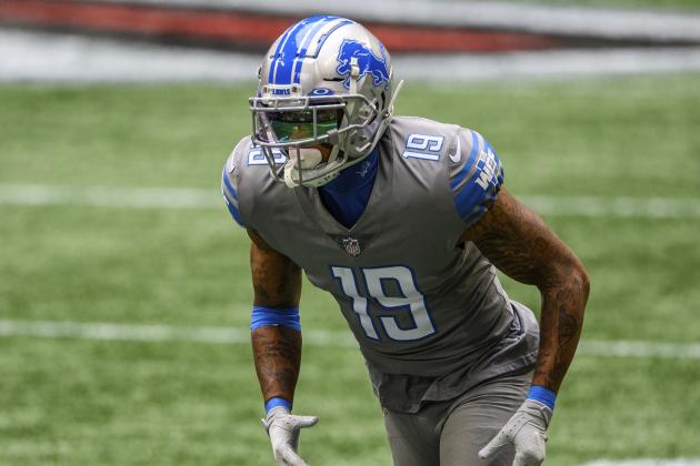 Detroit Lions wide receiver Kenny Golladay (19) works against the Atlanta Falcons during the first half of an NFL football game, Sunday, Oct. 25, 2020, in Atlanta. The Detroit Lions won 23-22. (AP Photo/Danny Karnik)