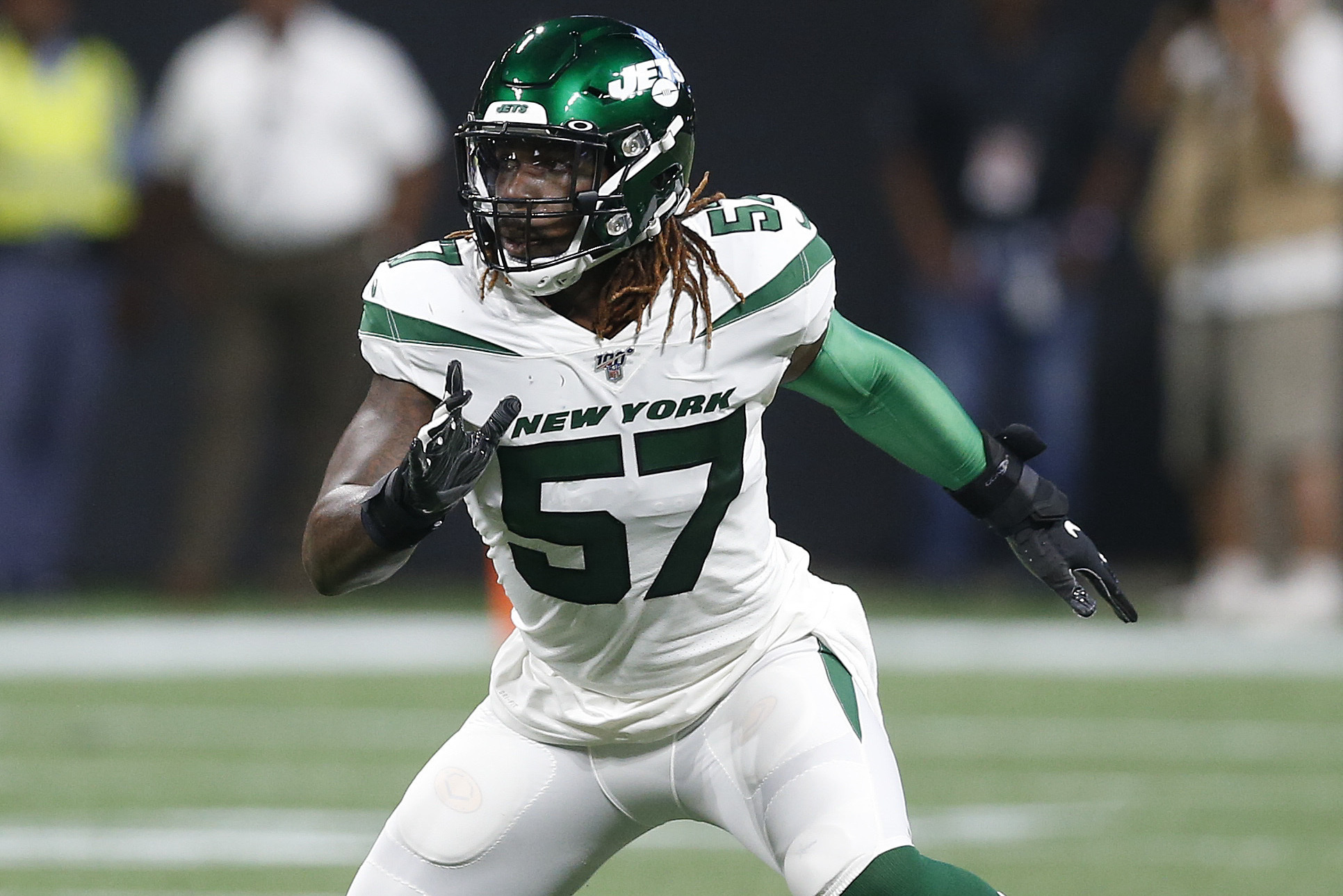 New York Jets linebacker C.J. Mosley (57) looks out before the