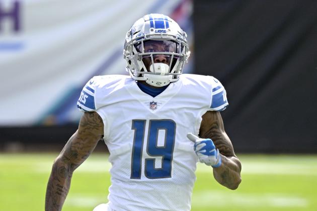 Detroit Lions wide receiver Kenny Golladay (19) runs a route during the first half of an NFL football game against the Jacksonville Jaguars, Sunday, Oct. 18, 2020, in Jacksonville, Fla. (AP Photo/Phelan M. Ebenhack)
