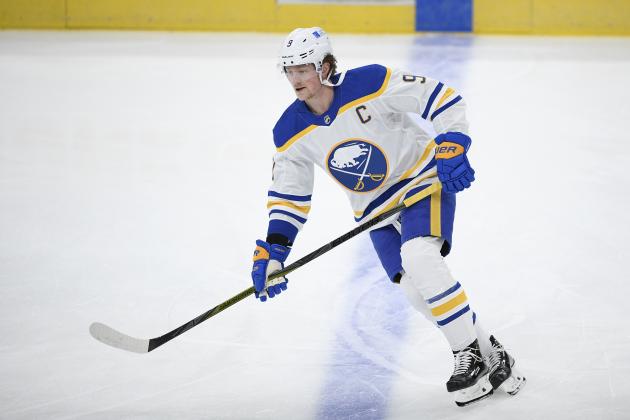 Buffalo Sabres center Jack Eichel (9) warms up before an NHL hockey game against the Washington Capitals, Thursday, Feb. 18, 2021, in Washington. (AP Photo/Nick Wass)