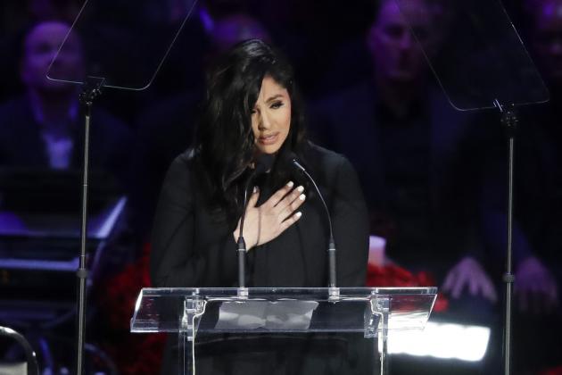 Vanessa Bryant speaks during a celebration of life for her husband Kobe Bryant and daughter Gianna Monday, Feb. 24, 2020, in Los Angeles. (AP Photo/Marcio Jose Sanchez)