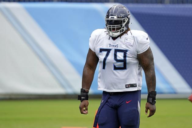 Tennessee Titans offensive tackle Isaiah Wilson waits for his turn to run a drill during NFL football training camp Friday, Aug. 21, 2020, in Nashville, Tenn. (AP Photo/Mark Humphrey)