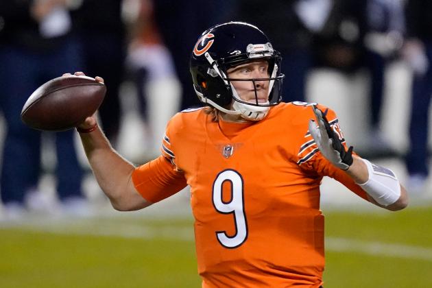 Chicago Bears quarterback Nick Foles throws during the first half of an NFL football game against the Minnesota Vikings Monday, Nov. 16, 2020, in Chicago. (AP Photo/Charles Rex Arbogast)