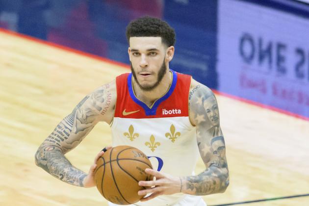 New Orleans Pelicans guard Lonzo Ball (2) passes in the second half of an NBA basketball game against the Cleveland Cavaliers in New Orleans, Friday, March 12, 2021. (AP Photo/Matthew Hinton)
