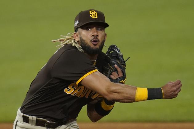 San Diego Padres shortstop Fernando Tatis Jr. (23) in Game 2 of a baseball National League Division Series against the Los Angeles Dodgers Wednesday, Oct. 7, 2020, in Arlington, Texas. (AP Photo/Sue Ogrocki)