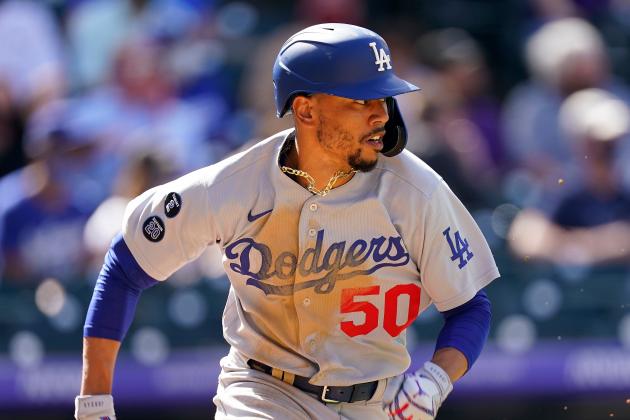 Los Angeles Dodgers right fielder Mookie Betts (50) in the seventh inning of a baseball game Sunday, April 4, 2021, in Denver. (AP Photo/David Zalubowski)