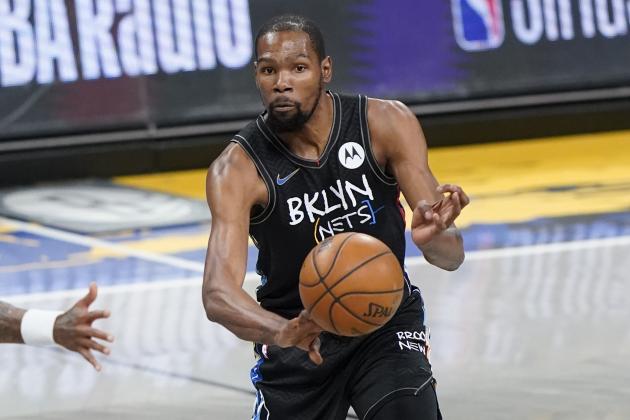 Brooklyn Nets' Kevin Durant during the first half of an NBA basketball game against the New Orleans Pelicans Wednesday, April 7, 2021, in New York. (AP Photo/Frank Franklin II) Brooklyn Nets' Kevin Durant during the first half of an NBA basketball game against the New Orleans Pelicans Wednesday, April 7, 2021, in New York. (AP Photo/Frank Franklin II)