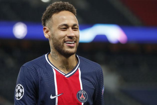 PSG's Neymar smiles during the Champions League, second leg, quarterfinal soccer match between Paris Saint Germain and Bayern Munich at the Parc des Princes stadium, in Paris, France, Tuesday, April 13, 2021. (AP Photo/Francois Mori) PSG's Neymar smiles during the Champions League, second leg, quarterfinal soccer match between Paris Saint Germain and Bayern Munich at the Parc des Princes stadium, in Paris, France, Tuesday, April 13, 2021. (AP Photo/Francois Mori)