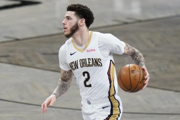 New Orleans Pelicans' Lonzo Ball (2) during the second half of an NBA basketball game against the Brooklyn Nets Wednesday, April 7, 2021, in New York. (AP Photo/Frank Franklin II)