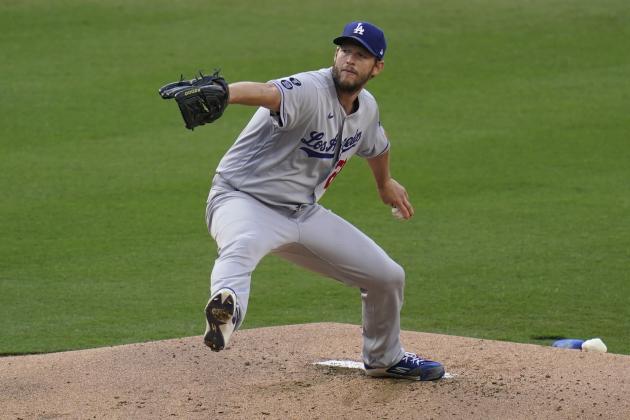 Los Angeles Dodgers starting pitcher Clayton Kershaw works against a San Diego Padres batter during the first inning of a baseball game Saturday, April 17, 2021, in San Diego. (AP Photo/Gregory Bull)