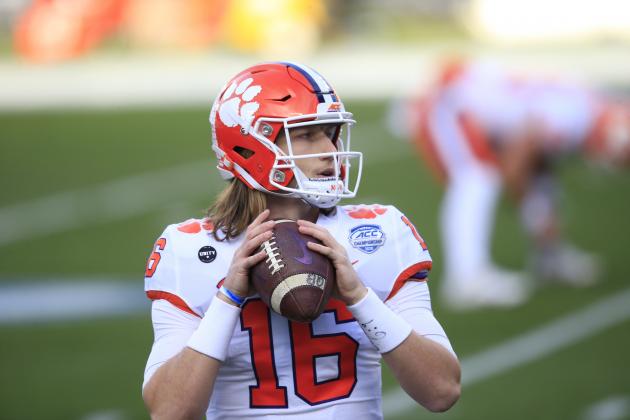 Clemson quarterback Trevor Lawrence (16) warms up before the start of the Atlantic Coast Conference championship NCAA college football game against Notre Dame, Saturday, Dec. 19, 2020, in Charlotte, N.C. (AP Photo/Brian Blanco)