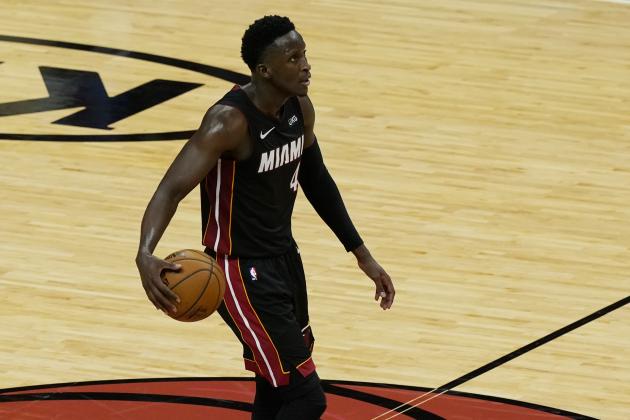 Miami Heat guard Victor Oladipo (4) dribbles the ball during a NBA basketball game against the Cleveland Cavaliers, Saturday, April 3, 2021, in Miami. (AP Photo/Marta Lavandier) Miami Heat guard Victor Oladipo (4) dribbles the ball during a NBA basketball game against the Cleveland Cavaliers, Saturday, April 3, 2021, in Miami. (AP Photo/Marta Lavandier)