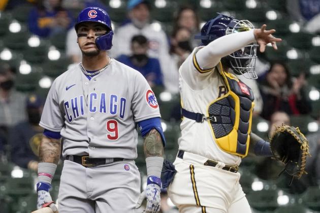 Chicago Cubs' Javier Baez reacts after striking out during the second inning of a baseball game against the Milwaukee Brewers Monday, April 12, 2021, in Milwaukee. (AP Photo/Morry Gash) Chicago Cubs' Javier Baez reacts after striking out during the second inning of a baseball game against the Milwaukee Brewers Monday, April 12, 2021, in Milwaukee. (AP Photo/Morry Gash)