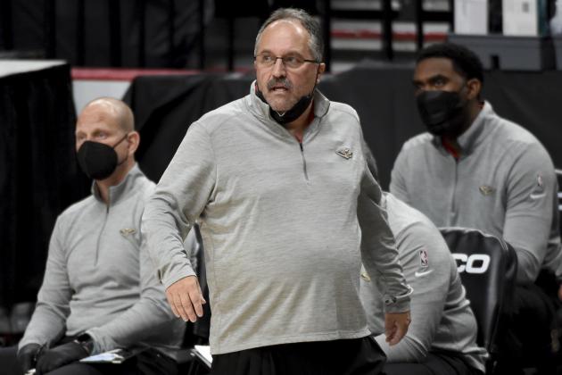 New Orleans Pelicans coach Stan Van Gundy watches from the bench during the second half of the team's NBA basketball game against the Portland Trail Blazers in Portland, Ore., Thursday, March 18, 2021. The Blazers won 101-93. (AP Photo/Steve Dykes)