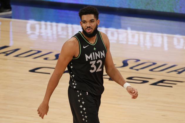 Minnesota Timberwolves' Karl-Anthony Towns reacts after a foul during the second half against the New York Knicks during an NBA basketball game Sunday, Feb. 21, 2021, in New York. (Sarah Stier/Pool Photo via AP)