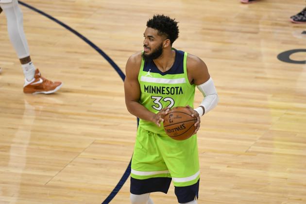 Minnesota Timberwolves center Karl-Anthony Towns (32) in action against the Portland Trail Blazers during the first half of an NBA basketball game Saturday, March 13, 2021, in Minneapolis. Portland won 125-212. (AP Photo/Craig Lassig)