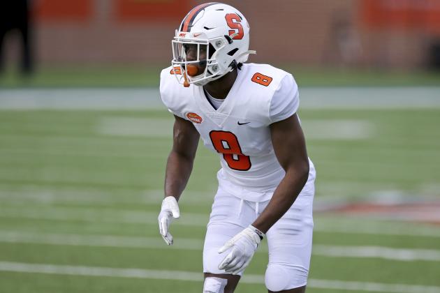 American Team defensive back Ifeatu Melifonwu of Syracuse (8) lines up during the first half of the NCAA college football Senior Bowl in Mobile, Ala, Saturday, Jan. 30, 2021. (AP Photo/Rusty Costanza)