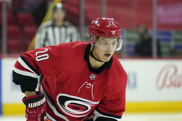Carolina Hurricanes right wing Sebastian Aho (20) faces off during the second period of an NHL hockey game against the Nashville Predators in Raleigh, N.C., Saturday, April 17, 2021. (AP Photo/Gerry Broome)
