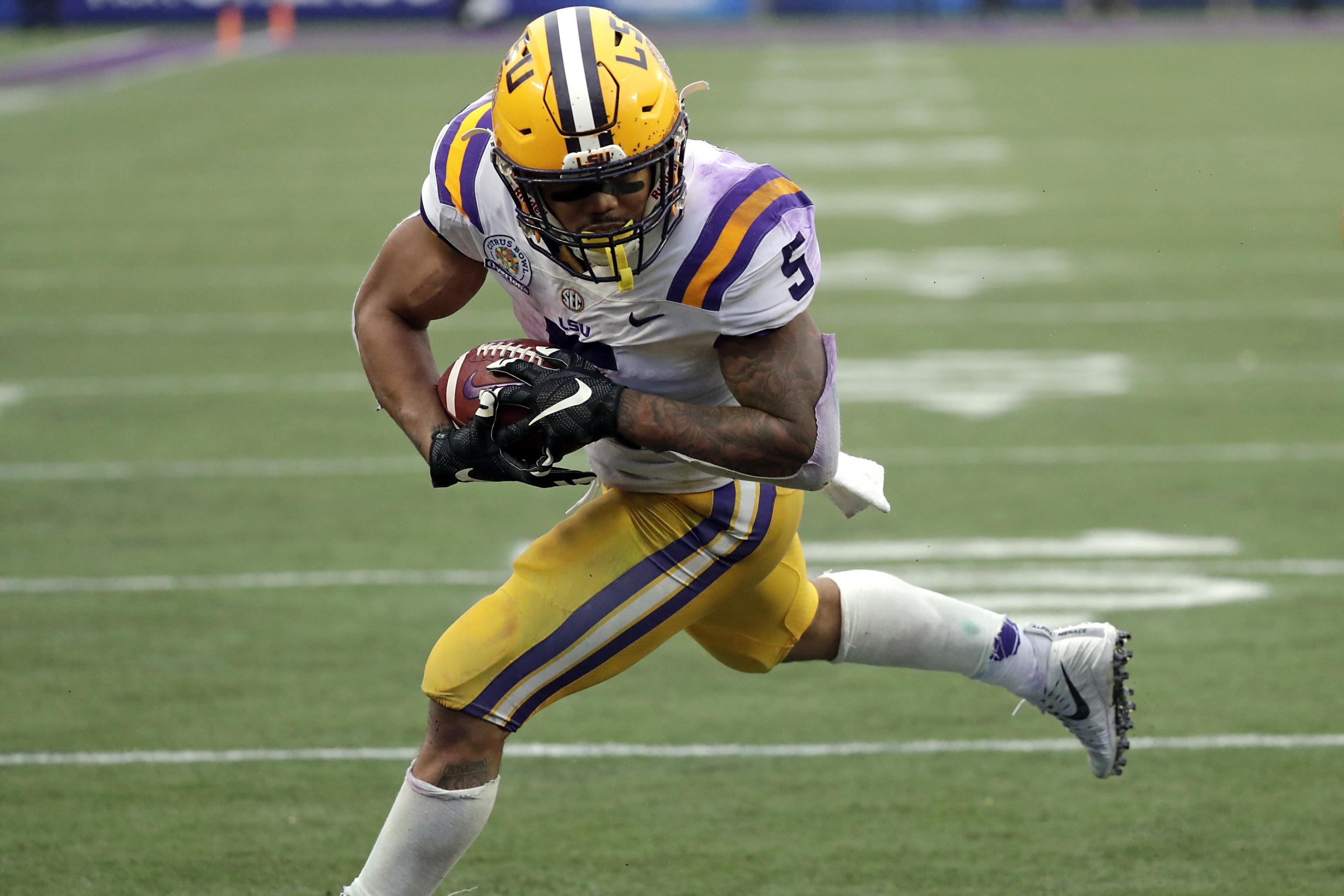 LSU running back Derrius Guice (5) celebrates his touchdown carry