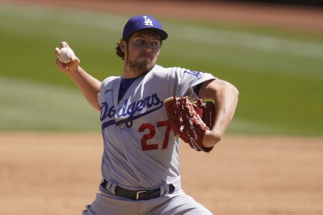 Los Angeles Dodgers pitcher Trevor Bauer against the Oakland Athletics during a baseball game in Oakland, Calif., Wednesday, April 7, 2021. (AP Photo/Jeff Chiu)