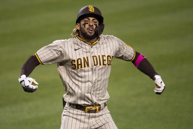San Diego Padres' Fernando Tatis Jr. celebrates his solo home run during a baseball game against the Los Angeles Dodgers in Los Angeles, Saturday, April 24, 2021. (AP Photo/Kyusung Gong)
