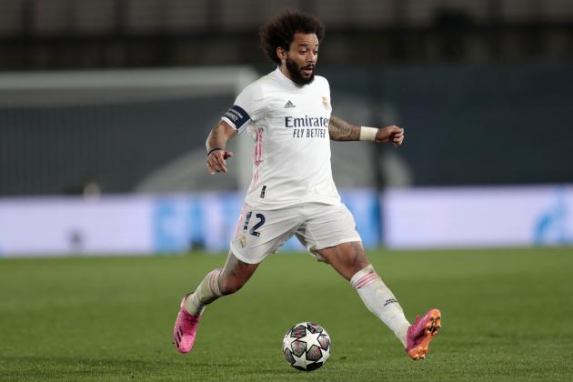 Real Madrid's Marcelo runs with the ball during the Champions League semifinal first leg soccer match between Real Madrid and Chelsea at the Alfredo di Stefano stadium in Madrid, Spain, Tuesday, April 27, 2021. (AP Photo/Bernat Armangue)