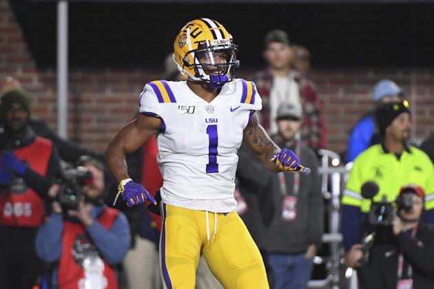 LSU wide receiver Ja'Marr Chase (1) reacts after a 34-yard touchdown catch during the first half of an NCAA college football game against Mississippi in Oxford, Miss., Saturday, Nov. 16, 2019. (AP Photo/Thomas Graning)