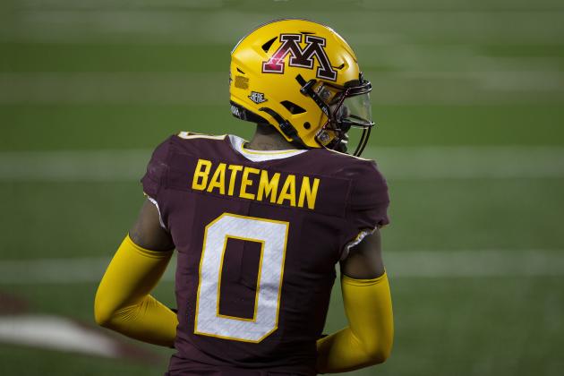 Minnesota wide receiver Rashod Bateman (0) during an NCAA college football game against Iowa, Friday, Nov. 13, 2020, in Minneapolis. Iowa won 35-7. (AP Photo/Stacy Bengs) Minnesota wide receiver Rashod Bateman (0) during an NCAA college football game against Iowa, Friday, Nov. 13, 2020, in Minneapolis. Iowa won 35-7. (AP Photo/Stacy Bengs)