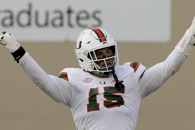 Jaelan Phillips of Miami celebrates a defensive stop during the second half of an NCAA college football game against Virginia Tech Saturday, Nov. 14, 2020, in Blacksburg, Va. (Matt Gentry/The Roanoke Times via AP, Pool)