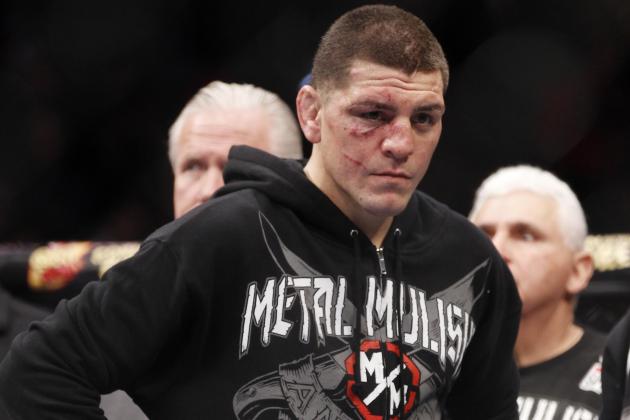Nick Diaz reacts after Carlos Condit wins a unanimous decision just after their UFC interim welterweight mixed martial arts title match, Saturday, Feb. 4, 2012 at The Mandalay Bay Resort & Casino in Las Vegas. (AP Photo/Eric Jamison)