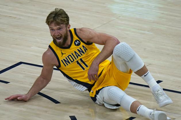 Indiana Pacers forward Domantas Sabonis (11) shouts after falling to the court in the second half during an NBA basketball game against the Utah Jazz Friday, April 16, 2021, in Salt Lake City. (AP Photo/Rick Bowmer)
