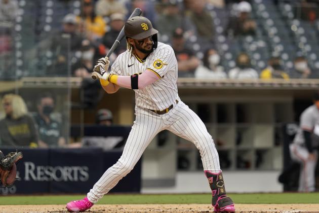 San Diego Padres' Fernando Tatis Jr. bats during the fourth inning of a baseball game against the San Francisco Giants Saturday, May 1, 2021, in San Diego. (AP Photo/Gregory Bull)
