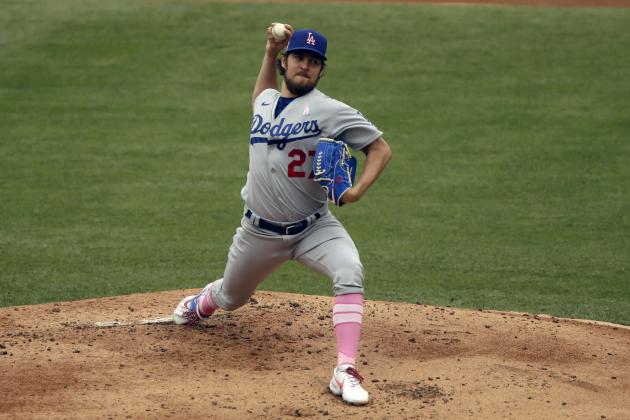 Los Angeles Dodgers starting pitcher Trevor Bauer throws to a Los Angeles Angels batter during the first inning of a baseball game in Anaheim, Calif., Sunday, May 9, 2021. (AP Photo/Alex Gallardo)
