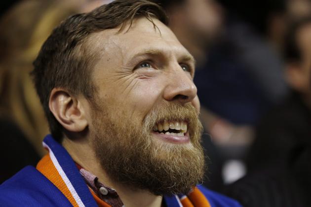 Retired American professional wrester Bryan Lloyd Danielson, whose WWE ring name is Daniel Bryan, watches during the second period of an NHL hockey game between the New York Islanders and the Anaheim Ducks, Sunday, Oct. 16, 2016, in New York. Danielson is now the on-screen general manager of the professional wrestling television program SmackDown Live. (AP Photo/Kathy Willens)