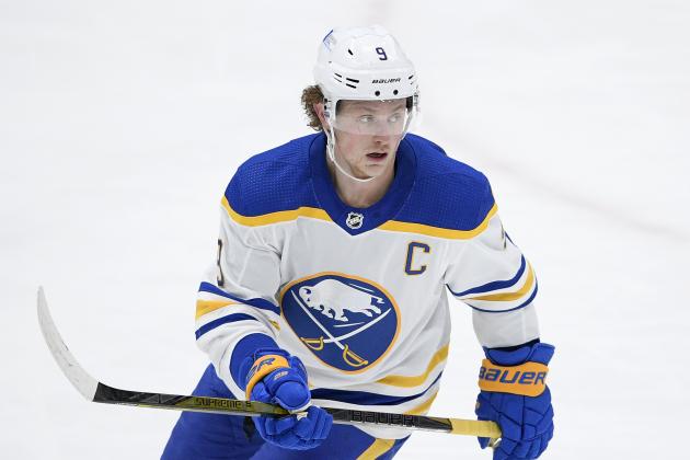 Buffalo Sabres center Jack Eichel (9) skates during the third period of an NHL hockey game against the Washington Capitals, Thursday, Feb. 18, 2021, in Washington. The Capitals won 3-1. (AP Photo/Nick Wass)