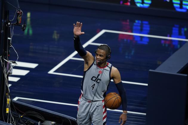Washington Wizards' Russell Westbrook is interviewed following an NBA basketball game against the Indiana Pacers, Saturday, May 8, 2021, in Indianapolis. Washington won 133-132 in overtime. (AP Photo/Darron Cummings) Washington Wizards' Russell Westbrook is interviewed following an NBA basketball game against the Indiana Pacers, Saturday, May 8, 2021, in Indianapolis. Washington won 133-132 in overtime. (AP Photo/Darron Cummings)