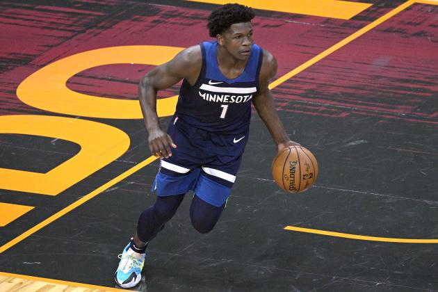 Minnesota Timberwolves forward Anthony Edwards (1) pushes the ball up the court during the first half of an NBA basketball game against the Orlando Magic, Sunday, May 9, 2021, in Orlando, Fla. (AP Photo/Phelan M. Ebenhack)
