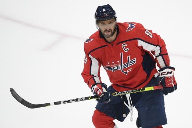 Washington Capitals left wing Alex Ovechkin (8) in action during the first period in Game 5 of an NHL hockey Stanley Cup first-round playoff series against the Boston Bruins, Sunday, May 23, 2021, in Washington. (AP Photo/Nick Wass)