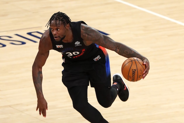 New York Knicks forward Julius Randle (30) dribbles the ball against the Toronto Raptors during the second half of an NBA basketball game Saturday, April 24,2021, in New York. (AP Photo/Noah K. Murray,Pool) New York Knicks forward Julius Randle (30) dribbles the ball against the Toronto Raptors during the second half of an NBA basketball game Saturday, April 24,2021, in New York. (AP Photo/Noah K. Murray,Pool)