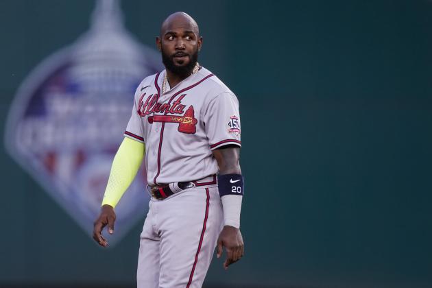 Atlanta Braves' Marcell Ozuna stands on the field during the inning of baseball game against the Washington Nationals at Nationals Park, Tuesday, May 4, 2021, in Washington. (AP Photo/Alex Brandon)