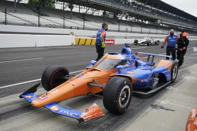 Scott Dixon, of New Zealand, pulls out of the pits during the final practice session for the Indianapolis 500 auto race at Indianapolis Motor Speedway, Friday, May 28, 2021, in Indianapolis. (AP Photo/Darron Cummings)