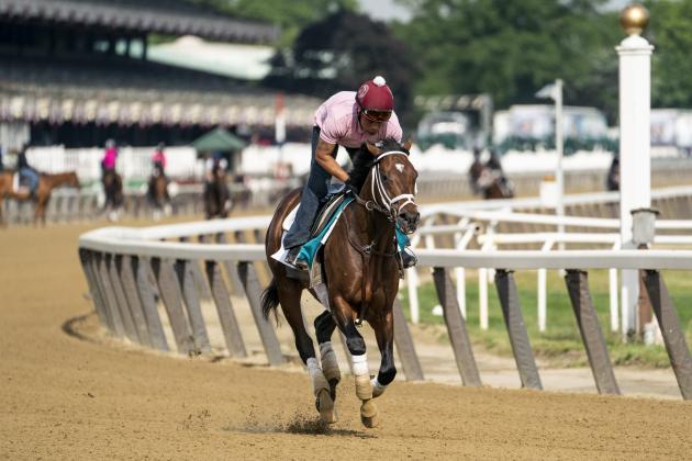 Belmont Stakes entrant Rombauer takes a training run on the main track ahead of the 153rd running of the Belmont Stakes horse race, Wednesday, June 2, 2021, at Belmont Park in Elmont, N.Y. (AP Photo/John Minchillo)