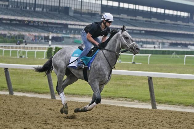 Essential Quality trains ahead of the 153rd running of the Belmont Stakes horse race in Elmont, N.Y., Thursday, June 3, 2021. (AP Photo/Seth Wenig)