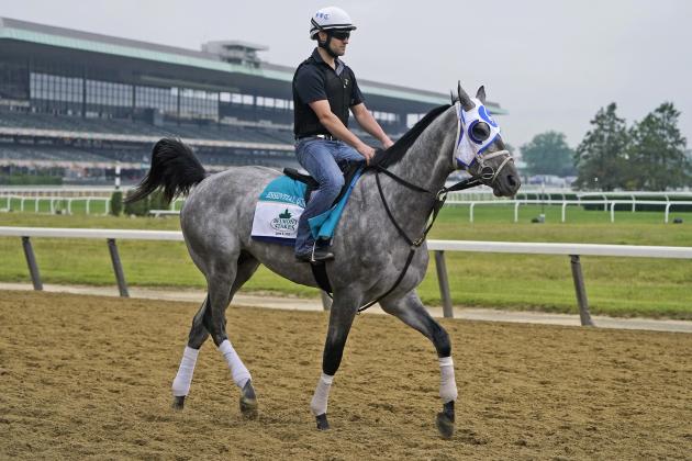Essential Quality trains ahead of the 153rd running of the Belmont Stakes horse race in Elmont, N.Y., Thursday, June 3, 2021. (AP Photo/Seth Wenig)
