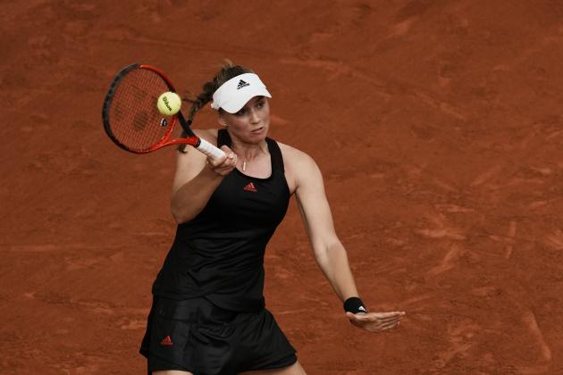 Kazakhstan's Elena Rybakina plays a return to United States Serena Williams during their fourth round match on day 8, of the French Open tennis tournament at Roland Garros in Paris, France, Sunday, June 6, 2021. (AP Photo/Thibault Camus)