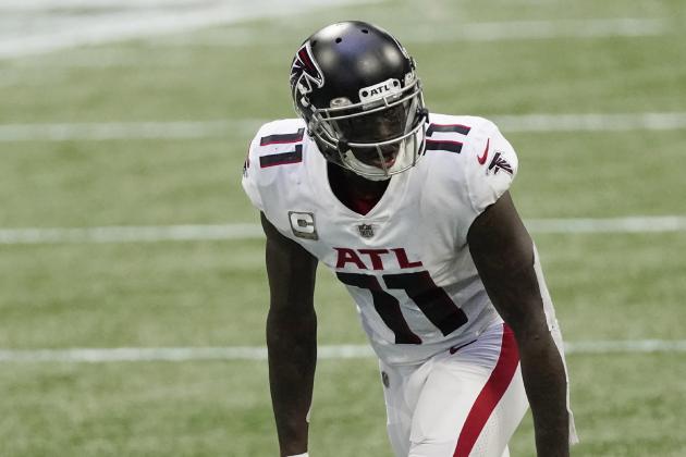 Atlanta Falcons wide receiver Julio Jones (11) works against the Denver Broncos during the second half of an NFL football game, Sunday, Nov. 8, 2020, in Atlanta. The Atlanta Falcons won 34-27. (AP Photo/John Bazemore)