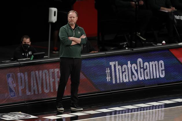 Milwaukee Bucks head coach Mike Budenholzer looks on against the Brooklyn Nets during the first half of Game 1 of an NBA basketball second-round playoff series Saturday, June 5, 2021, in New York. (AP Photo/Adam Hunger) Milwaukee Bucks head coach Mike Budenholzer looks on against the Brooklyn Nets during the first half of Game 1 of an NBA basketball second-round playoff series Saturday, June 5, 2021, in New York. (AP Photo/Adam Hunger)