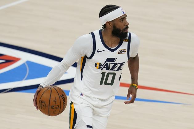 Utah Jazz guard Mike Conley (10) during an NBA basketball game against the Oklahoma City Thunder, Friday, May 14, 2021, in Oklahoma City. (AP Photo/Sue Ogrocki)