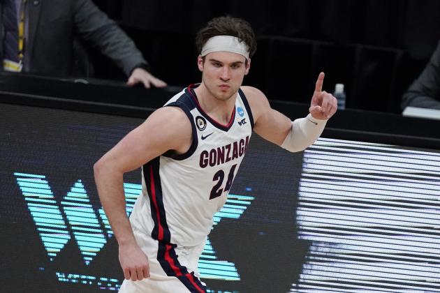 Gonzaga forward Corey Kispert (24) celebrates after scoring during the second half of an Elite 8 game against Southern California in the NCAA men's college basketball tournament at Lucas Oil Stadium, Tuesday, March 30, 2021, in Indianapolis. (AP Photo/Michael Conroy)